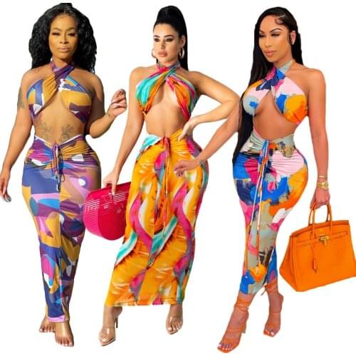 Sexy Lady Women Print Sleeveless Halter Crop Tops Shirring Strechy Slim Long Skirts Two 2 Piece Set Fashion Outfit