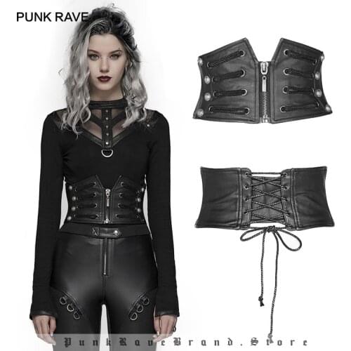 PUNK RAVE Womens Punk Front Zipper Faux Leather Underbust Handsome Corsets Goth Halloween Party Club Waist Corsets