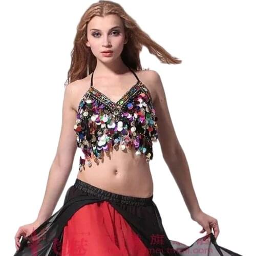 2017 Women Belly Dance Costumes New Arrival Twinkling Sequined Bra Top Beaded Fringe Dancing Costume Sexy Hanging Coin Diamond