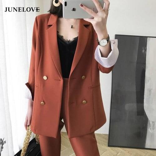 JuneLove Office Lady Double Breasted Blazer Long Pant Suit Women 2 Pieces Set Casual Jacket Workwear Sets Femme Suit Outwears