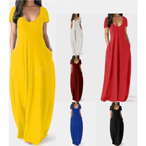 Women Long Dress Deep V Neck Short Sleeve Loose Casual Big Hem Solid Plus Maxi Size Oversize Pocket Floor Length Dress Vestidos