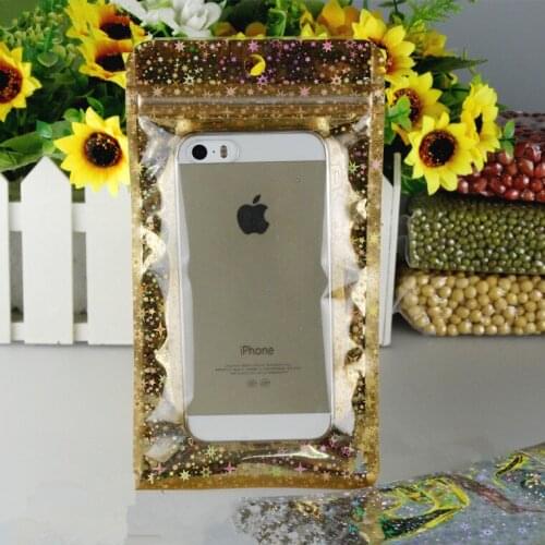 10*18cm Glittery Golden / Clear Self Seal Zipper Plastic Storage Pack Bag Zip Lock Ziplock Bag Retail Package With Hang Hole