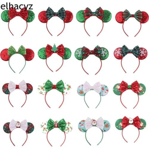 10pcs/lot Christmas Mouse Ears Headband Snowflake Festival Plaid Sequins Bows Hairband Girls Hair Accessories Women Party