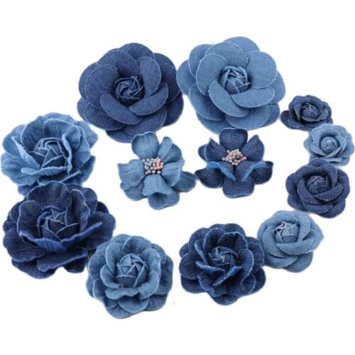 5 pcs Denim flower artificial flower 7.5 / 5.5 / 4.5 / 3.5CM small camellia Wedding Decoration DIY Scrapbooking Headdress Craft