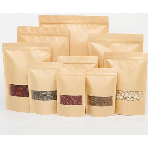 50pcs Reusable Kraft Paper Bag with Frosted Window Stand Up New year gift bag Food Packaging Ziplock Bag with Tear Notch
