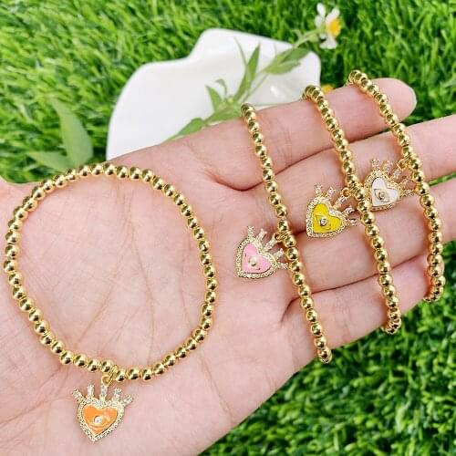 10Pcs Heart Shape Eye Pattern Zircon Colorful Enamel Pendant Bracelet Gold Plated Bead Chain Bracelet Stretch bracelet Jewelry