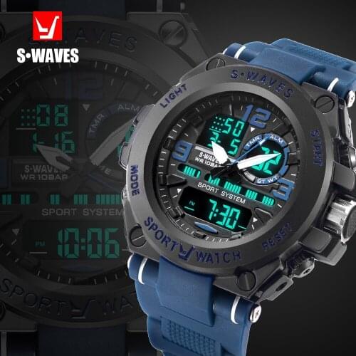 SWAVES Big Brand Dual Display Watch Quartz Mens Watches Army Sport Casual Waterproof Digital Wristwatches Plastic Clock Relogio