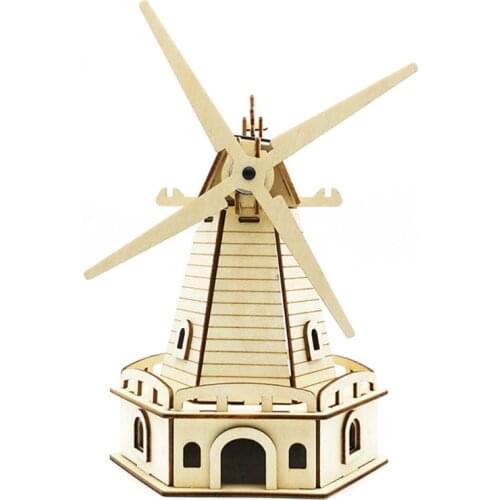 3D Assembled Wooden Puzzle Solar Energy Powered Windmill Jigsaw Model Building Kits for Adults Kids Educational Toy