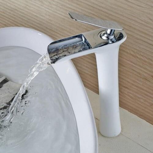 Free shipping Chrome & white Tall Waterfall Faucet Brass Bathroom Faucet Bathroom Basin Faucet Mixer Tap Hot & Cold Sink faucet