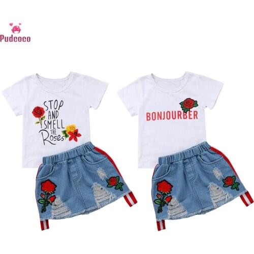 Child Toddler Kid Baby Girls Summer Clothes Set Short Sleeve Floral T-shirt +Embroider Rose Floral Denim Skirt 2PCS Outfits