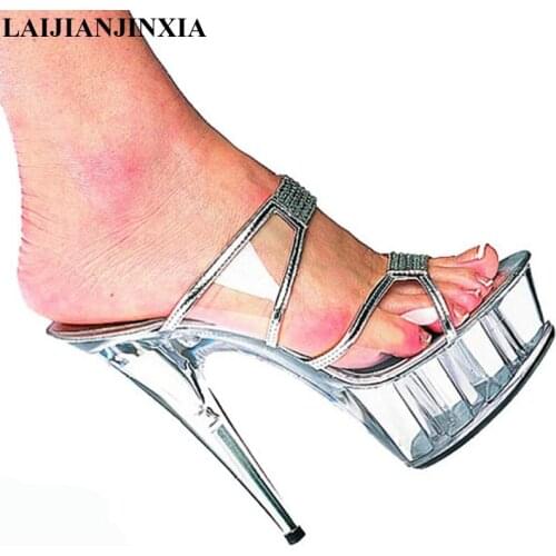 LAIJIANJINXIA New Transparent Women Slippers Outdoor Slides Ladies 15Cm High Heels Open Toe Platform Shoes Womens Shoes K-164