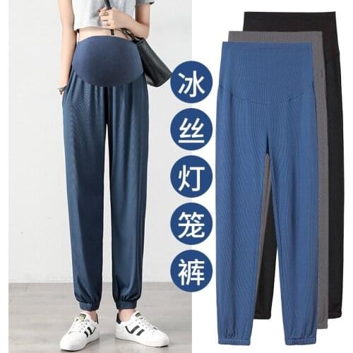 Summer Thin Ice Feel Maternity Baggy Pants Elastic Waist Belly Straight Loose Clothes for Pregnant Women Pregnancy Casual