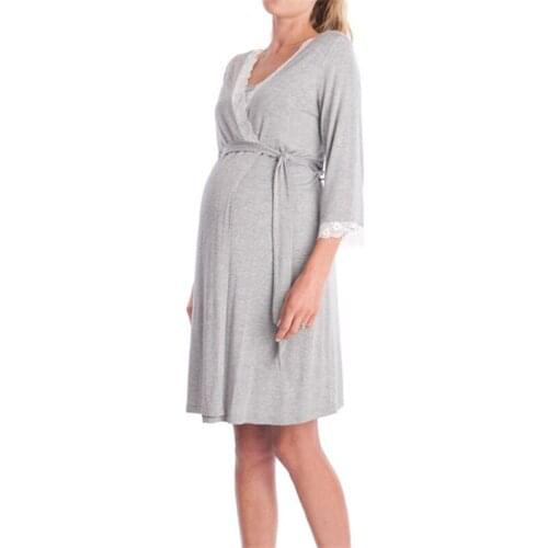 Fashion Lace Patchwork Maternity Pajamas Three quarter Sleeves Dresses Robe with Belt Pregnant womens Clothes