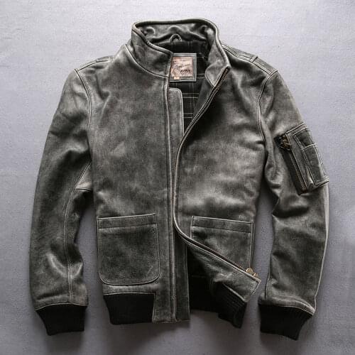 Genuine Cowhide Jacket MensTop Layer Cowhide Washed Distressed Stand-up Collar Motorcycle Leather Coat