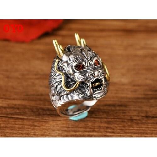 S925 sterling silver Thai silver retro two-color three-dimensional dragon king dragon head domineering opening mens ring
