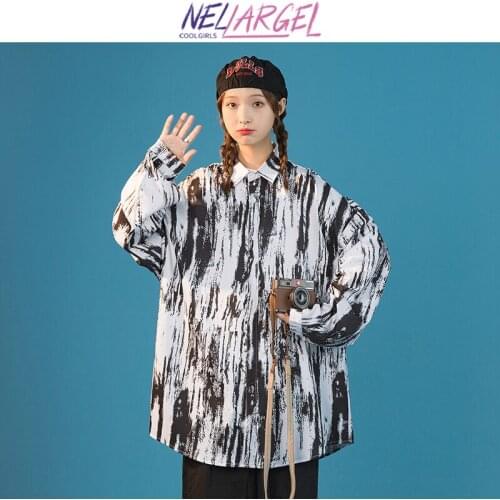 NELLARGEL Women Tie Dye Vintage Korean Fashion Blouse 2021 Female Collared Japanese Streetwear Shirts Girl Long Sleeve Y2k Shirt