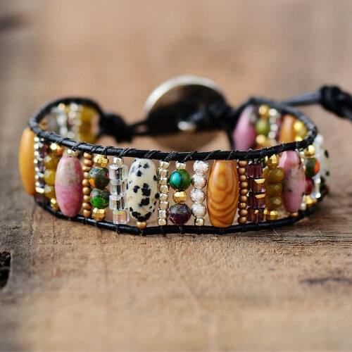 New Women Boho Bracelets Mixed Semi Precious Stone Beaded Single Leather Wrap Cuff Bangles Dropship
