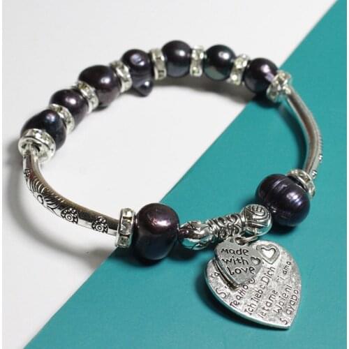 Wholesale Bulk Natural Pink Black White Pearl Heart Charm Bracelets Bangles for Women Luxury Jewelry Designer Bracelet 19cm