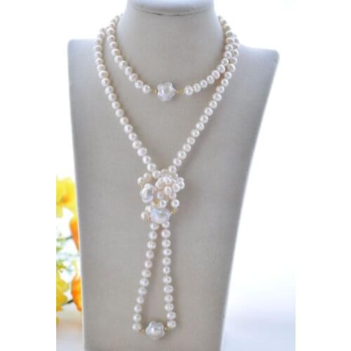 P7469 50" 15mm White Flower & Round Pearl Necklace
