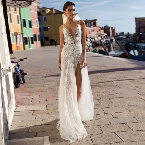 Beach Bohemian Wedding Dresses Lace Mermaid Sexy V-neck Open Back Illusion Bridal Gowns Vintage Boho Robe Party Robe De Mariee