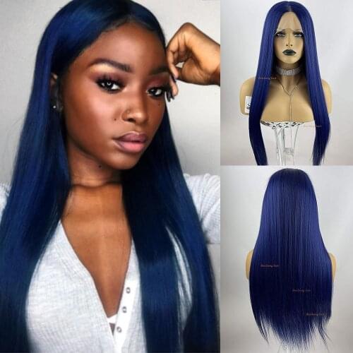 Dark Blue Long Straight Synthetic Lace Front Wig Gluless Natural Hairline Wig With Baby Hair Natural Looking For Women Cosplay