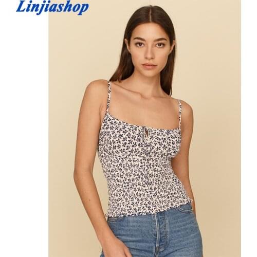 Za Women French Retro Small Floral Print Folds Camis Top Spaghetti Strap Sleeveless Backless Slim Blouses Shirts Female Tops