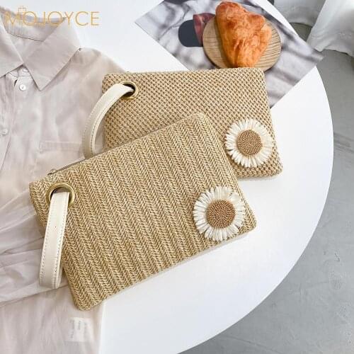Women Summer Retro Knitted Handbag Women Beach Straw Woven Vacation Sunflower Wristlet Bag Casual Vintage Small Purse
