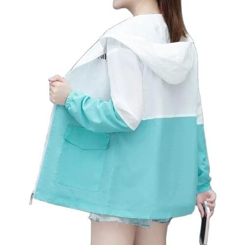 Band Lining Sun Protection Clothing Female 2021 New Splicing Spring Autumn All-Match Thin Ladies Jacket Loose Hooded Ms Coat