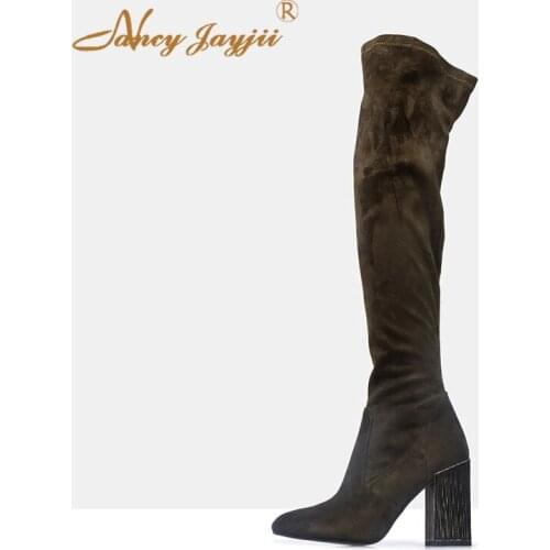Women’S Flock Mature Super High Chunky Heel Boots 2021 Winter Female Brown Round Toe Over The Knee Booties Solid Zipper Shoes