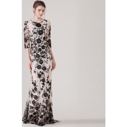 New high quality Vintage Sequined long dress spring and summer women Three Quarter sleeve Mesh embroidered Trumpet/Mermaid dress