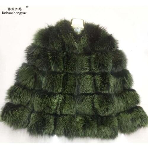 Linhaoshengyue Real Fox Fur Women Coat 60cm Sleeve Winter Warm Fur Coat