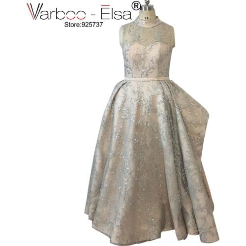 VARBOO_ELSA Silver Luxury Fashion Sexy a line Evening Dresses 2018 Sleeveless Sequined High neck Evening Gowns Vestidos De Festa