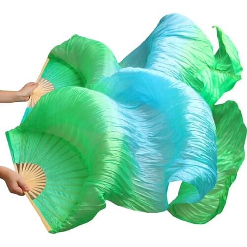 2018 female high quality Chinese silk veils dance fans Pair of belly dancing fans cheap hot sale Green+Turquoise+Green