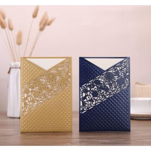 50 pieces/lot) Gold Foil Embossing Muslim Wedding Invitation Card Customized Navy Blue Business Birthday Invitation Card CX919