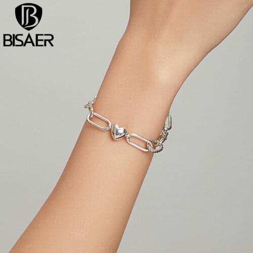 Bisaer Genuine 925 Sterling Silver Love of Paper Clips Bracelet & Bangle For Women Fit Original Brand DIY Jewelry Making ECB202