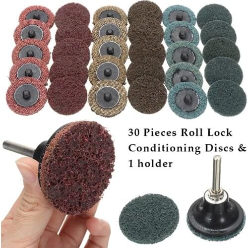 30Pcs 2'' Sanding Disc Roll Lock Pad Abrasive Polish Pad 120/150/400-600 Grit with Tray Holder For Metal Surface Polishing