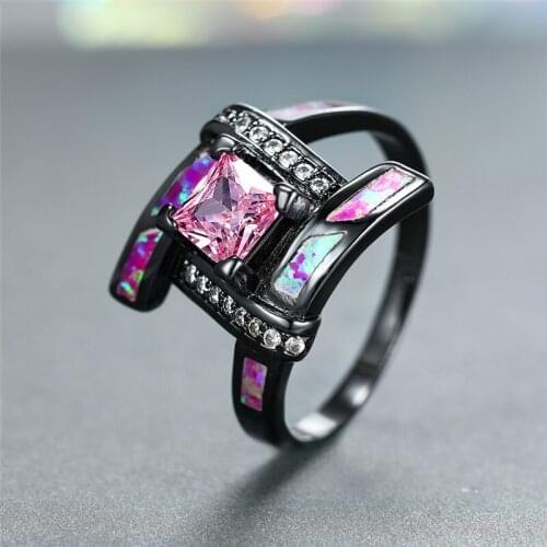 Elegant Pink Zircon Square Stone Wedding Ring Dainty Bridal Black Gold Ring Charming Purple Fire Opal Engagement Rings For Women