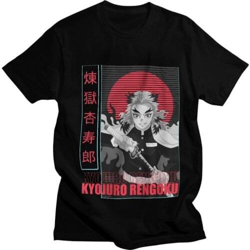 Anime Kyojuro Rengoku T-Shirts Men Streetwear T Shirts Short Sleeve Vintage Demon Slayer Kimetsu No Yaiba Tshirt Cotton Tees Top