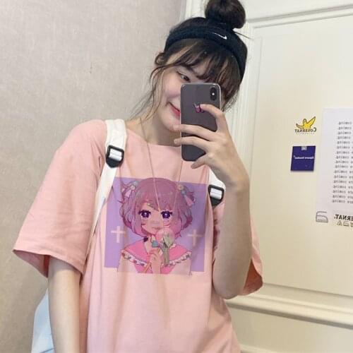 Japanese Sweet Girls Anime Cartoon Cute Print Tops Casual Kawaii E-Girls Pink Streetwear Harajuku Vintage Chic Y2K Women T-shirt