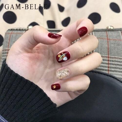 GAM-BELLE 24Pcs Wine Red Glitter Stars Fake Nails DIY Press On Nails Art Decoration French Full Cover False Nails Manicure Tool