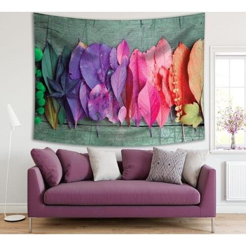 Tapestry Autumn Leaves and Berries on Wooden Table Country Style Decorative Photo Green Purple Pink Orange