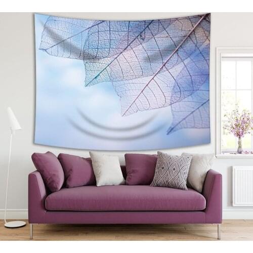 Tapestry Skeleton Leaves on Blured Sky Background Closeup Delicate Natural Art Decorating Photo Printed Blue gray