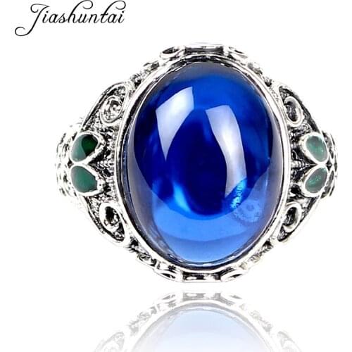 JIASHUNTAI Vintage 925 Sterling Silver Round Rings Retro Thai Silver Blue Stone Ring Cloisonne Enamel Jewelry For Women