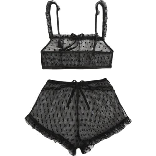 2PCS Women’s Sexy Lace Lingerie Sets Mesh Perspective Fashion Solid Color See-Through Sleeveless Top and High Waist Panties