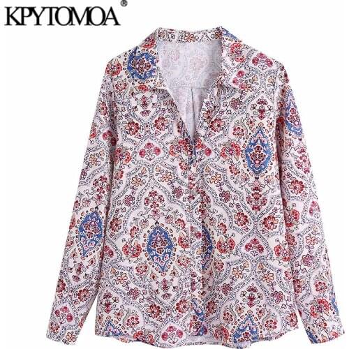 KPYTOMOA Women 2021 Fashion Floral Print Loose Blouses Vintage Long Sleeve Button-up Female Shirts Chic Tops