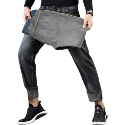 Men Winter Grey Jeans Fleece Thicken Warm Denim Jeans Good Quality Men Straight Loose Long Jeans Pants Solid Casual Jeans 40