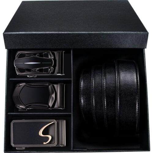 New Designer Mens Black Leather Belt Alloy Automatic Buckle For Men Genuine Belt Business Wedding Gift Box Sets Barry.Wang DM3+1