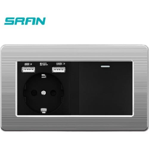 SRAN EU Wall Socket With Rocker Switch，220v 16A Socket With Usb 146*86 Stainless Steel Panel With Light Switch 1 Gang 1/2/3 Way