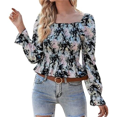 Tender Ladies Fashion Popular All-Match Casual Sexy Slim Floral Print Temperament Square Neck Long Sleeve High Quality Tops