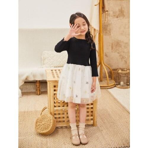 The latest explosion girl dress new childrens mesh princess dress long sleeve baby star embroidery